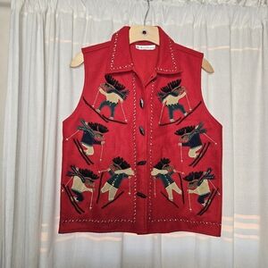 Vintage moose skiing embroidered christmas vest